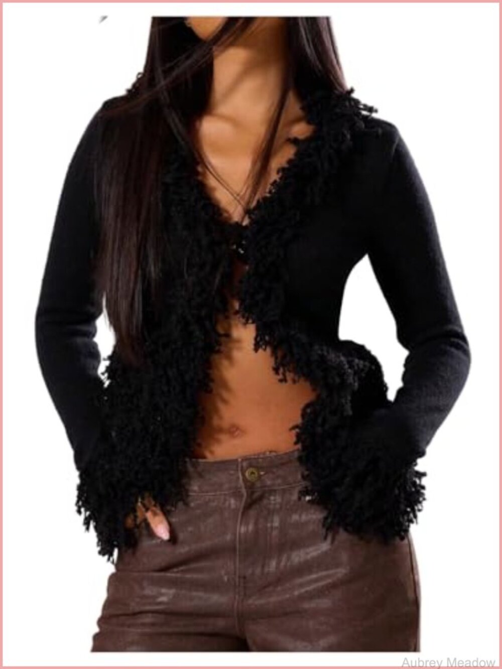 Women's WDIRARA Fuzzy Trim Cardigan Sweater V Neck Long Sleeve Knitwear